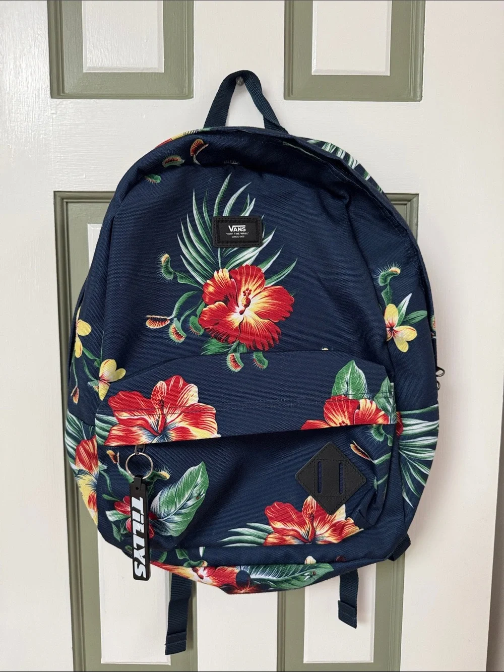 Vans Navy Floral Backpack with Red & Yellow Hibiscus